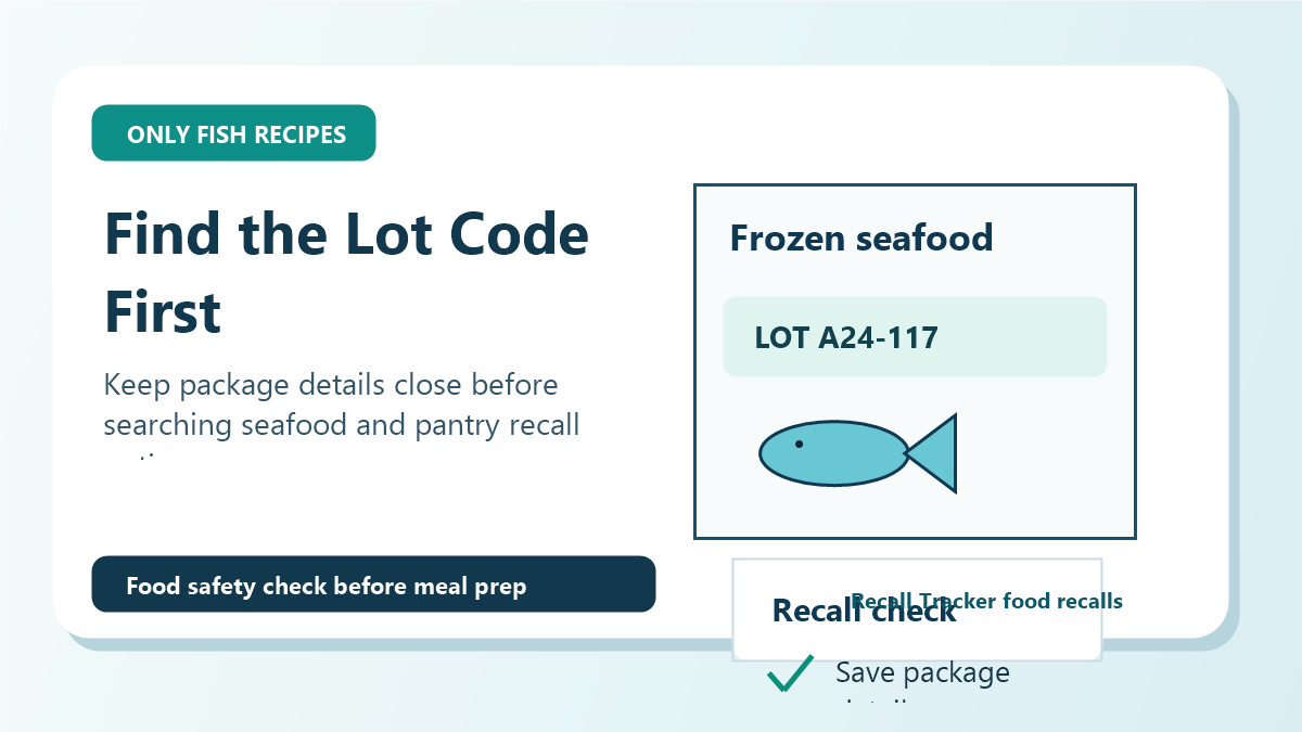 A close-up of a home cook checking the lot code and expiration date printed on the back of a package of frozen fish.