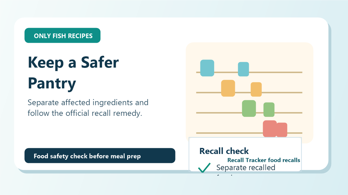 An organized pantry shelf showing canned seafood, jarred spices, and oils, with a simple checklist overlay indicating safety verification steps.